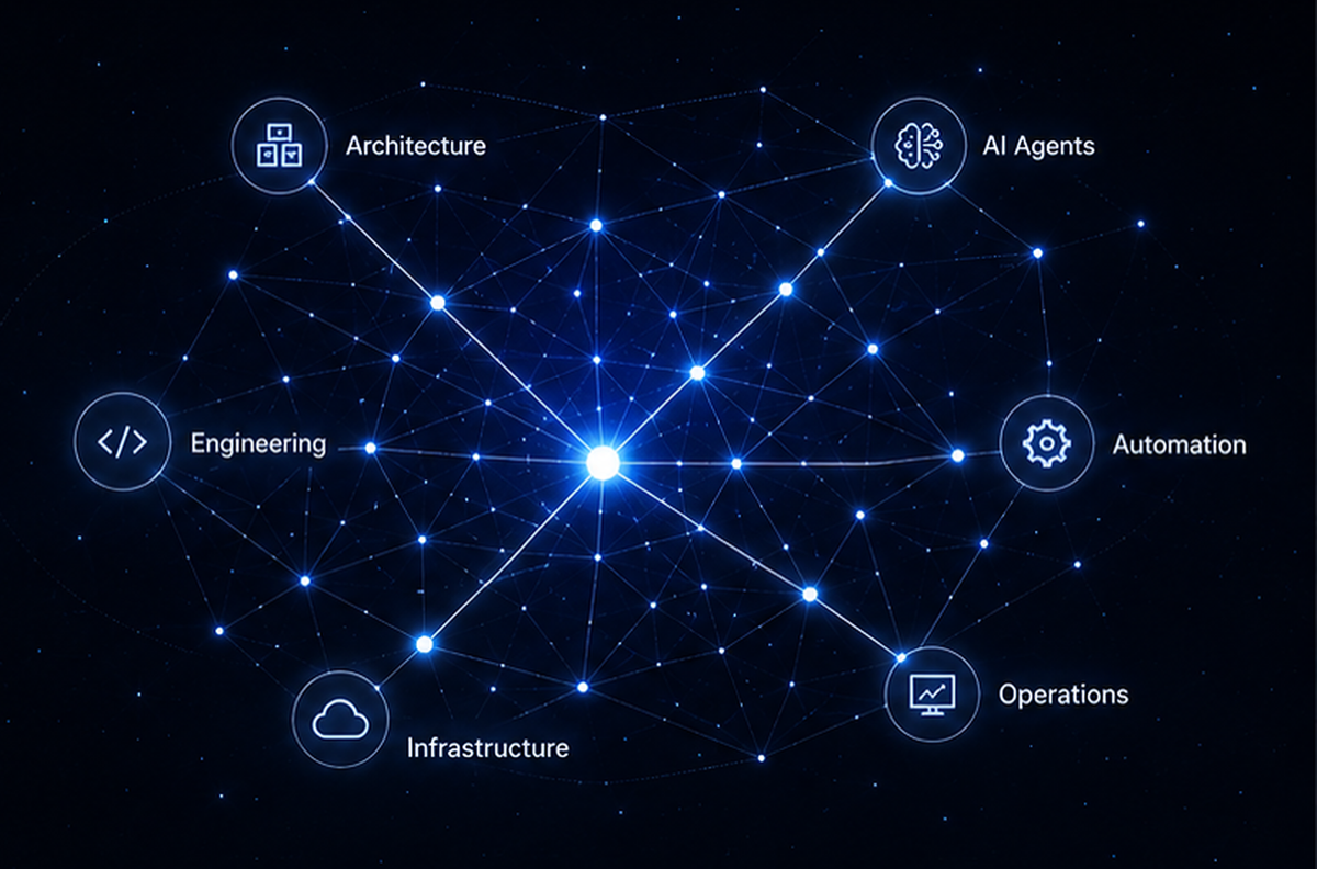 Network constellation connecting Architecture, AI Agents, Automation, Operations, Infrastructure, and Engineering